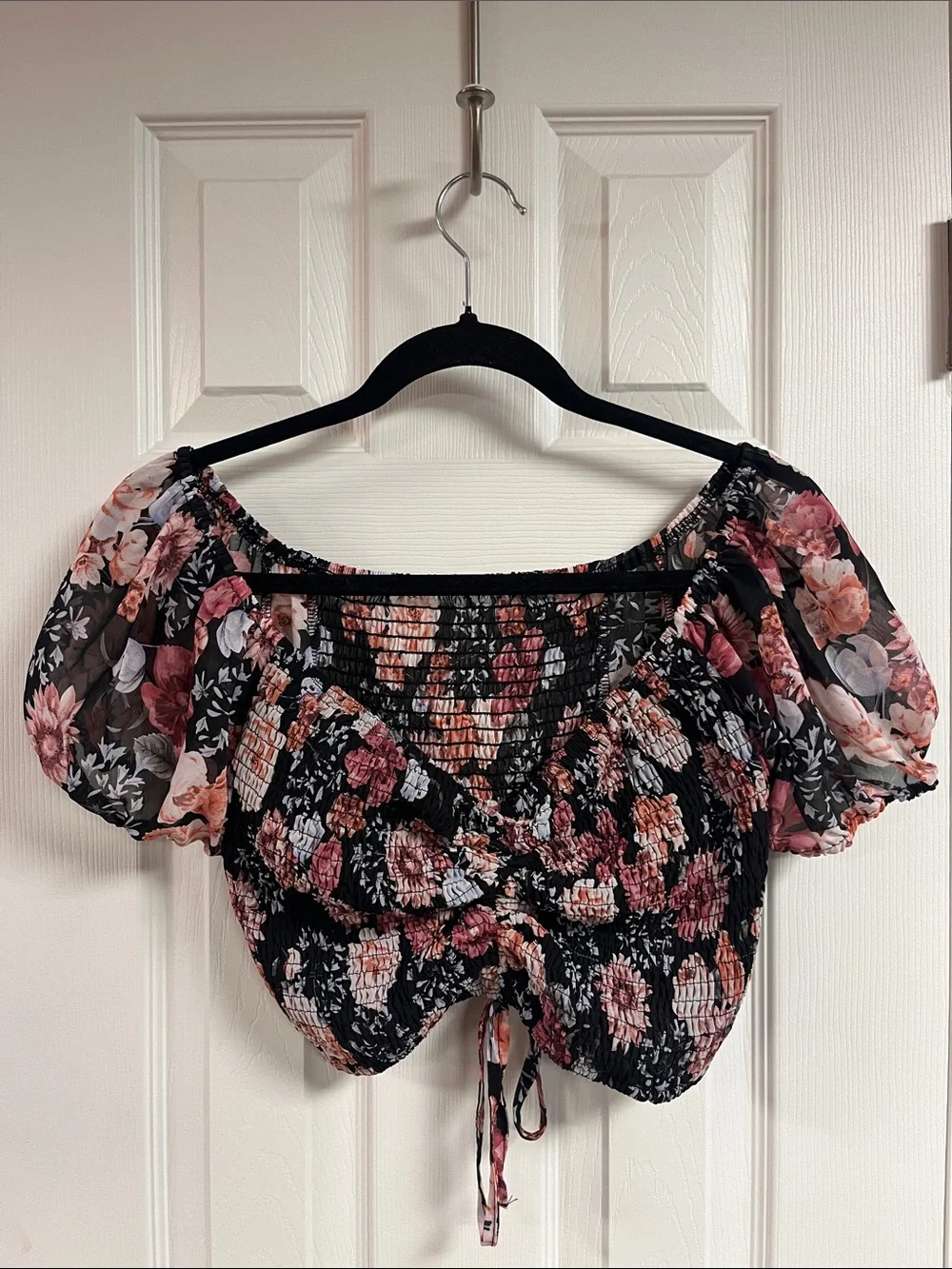 Floral Smocked Off-Shoulder Crop Top in Black and Pink